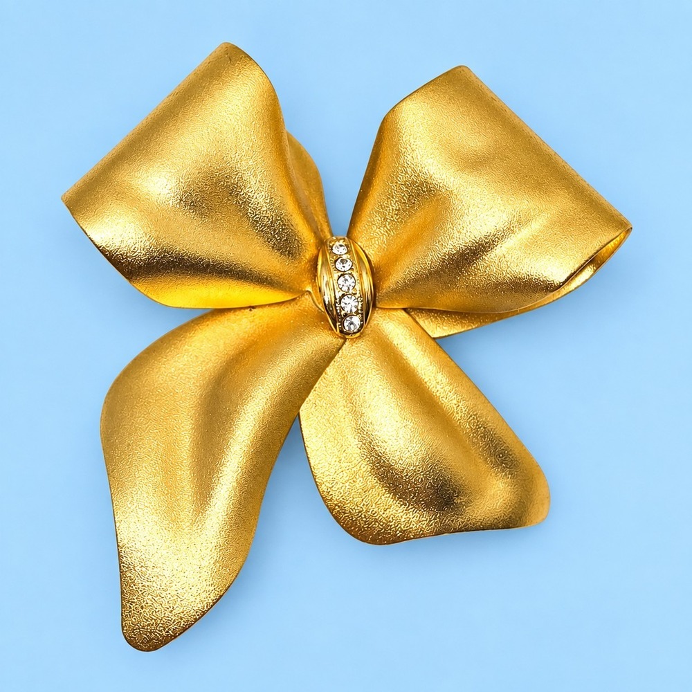 Vintage Tona Gold Tone Bow Brooch Rhinestone Ribbon Pin Signed 1980s -3774